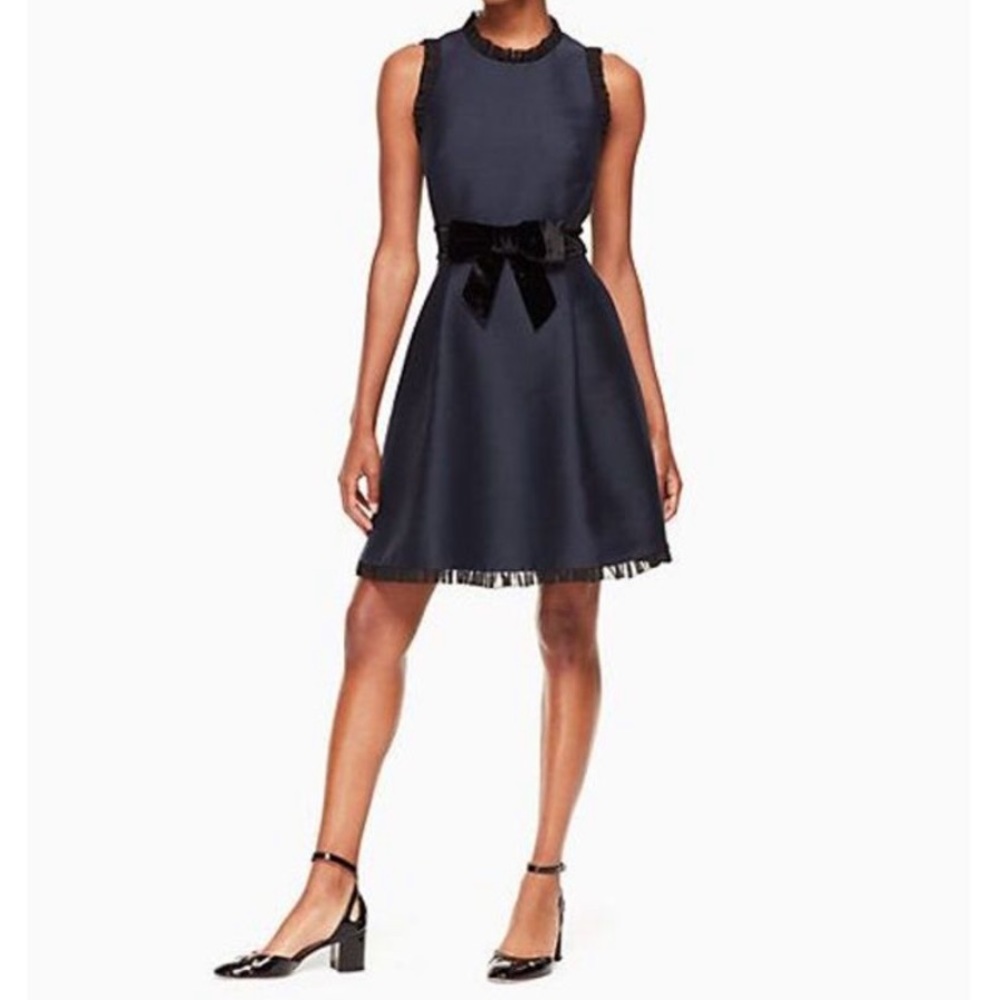 KATE SPADE Navy Blue Black Trim Velvet Bow Fit and Flare Dress Size 0 / XS NEW